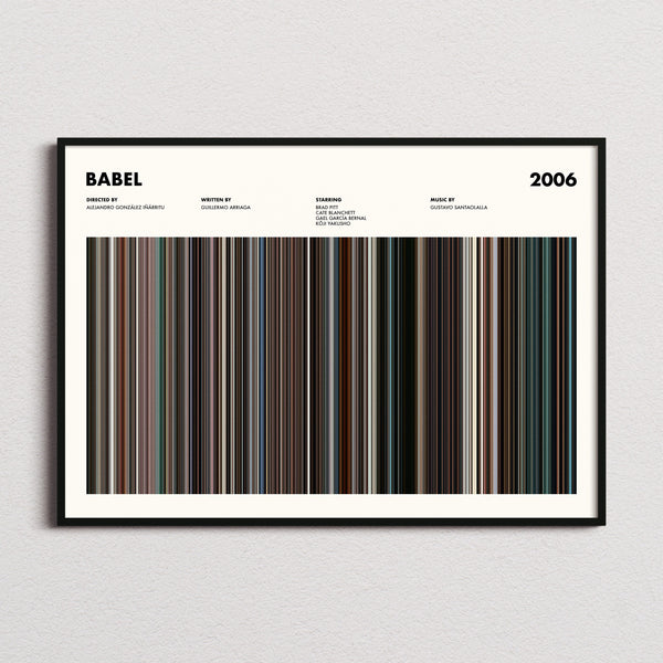 Babel Movie Barcode Poster framed and photographed straight on
