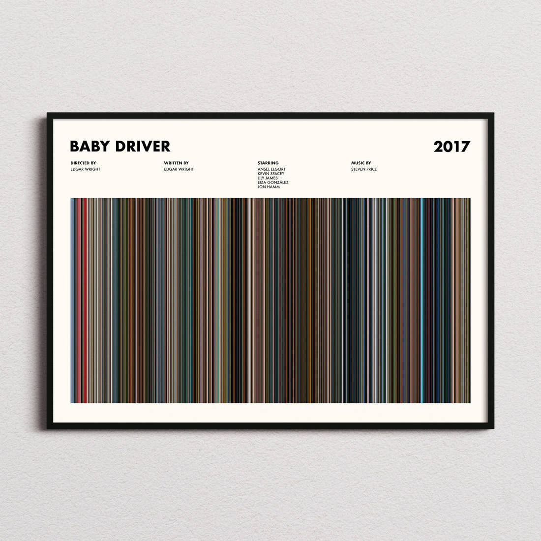 Baby Driver Movie Barcode Poster framed and photographed straight on
