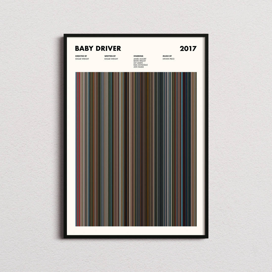 Baby Driver Movie Barcode Poster framed on a plain studio wall
