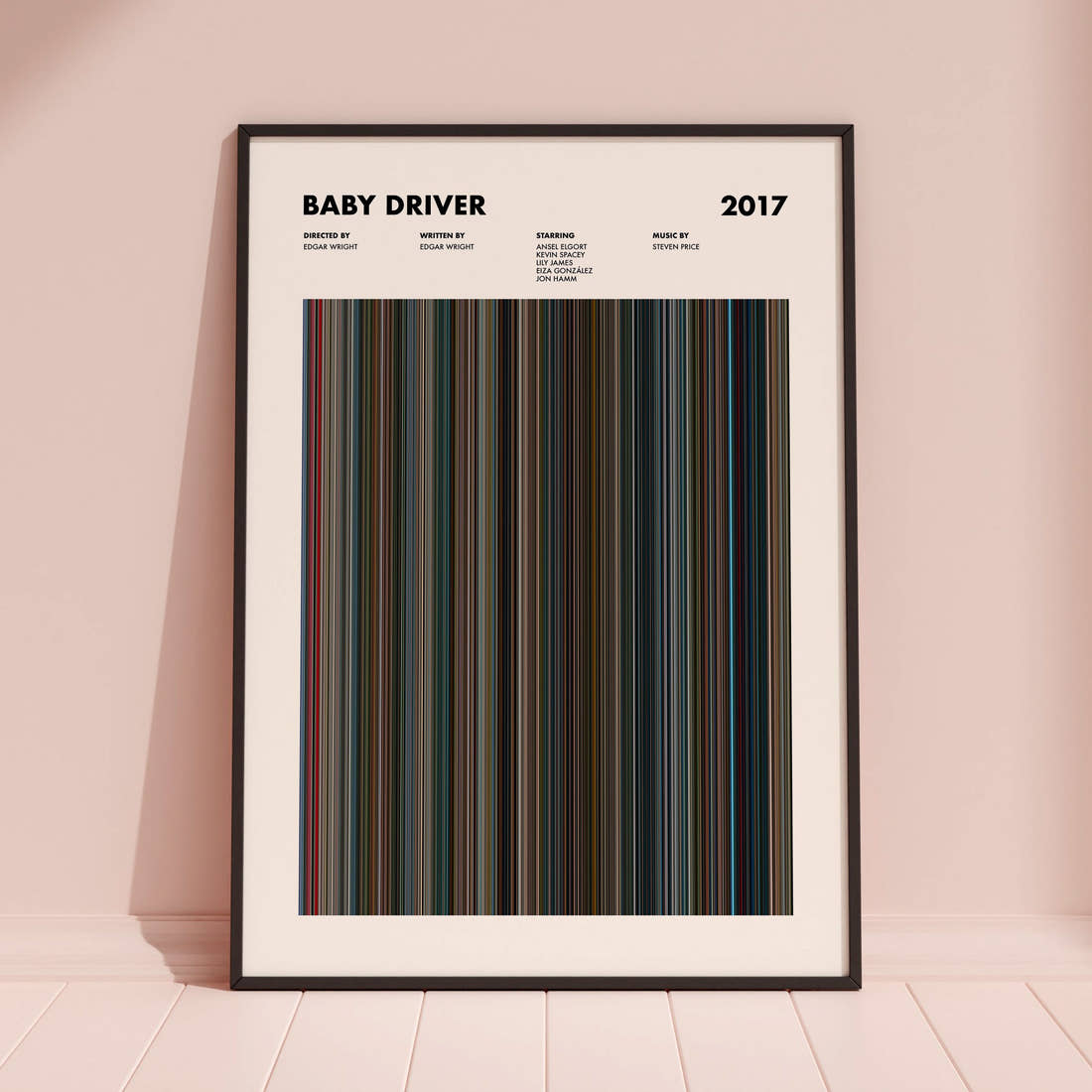 Baby Driver Movie Barcode Poster framed and leaning against a coloured wall