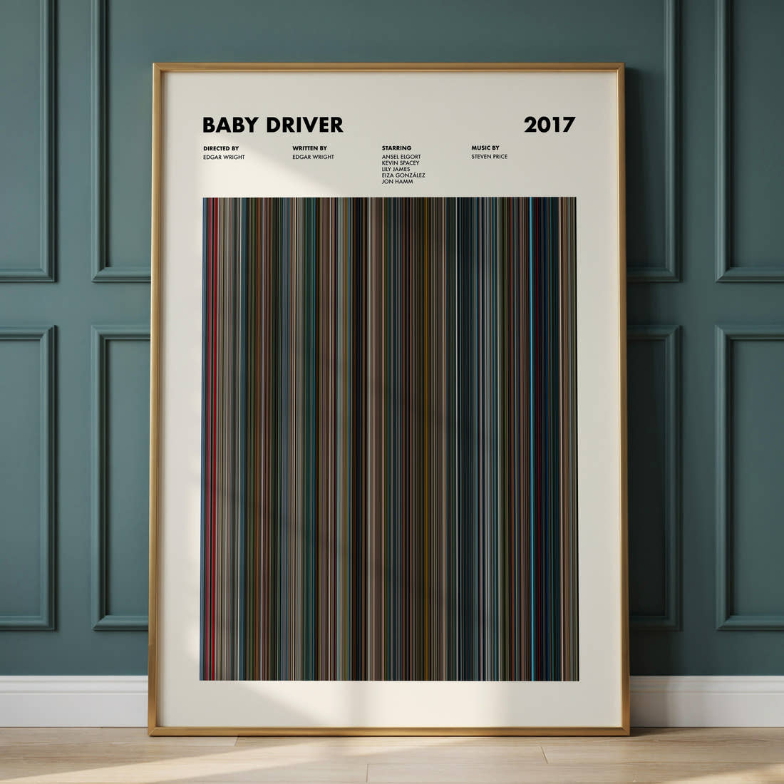 Baby Driver Movie Barcode Poster framed and leaning against a panelled wall