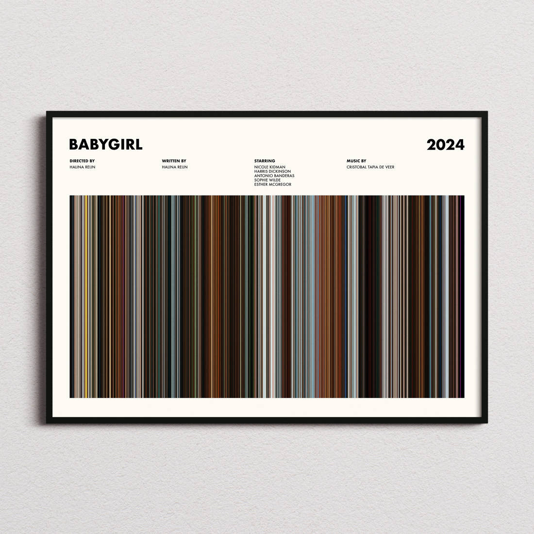 Babygirl Movie Barcode Poster framed and photographed straight on