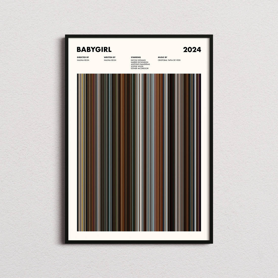 Babygirl Movie Barcode Poster framed on a plain studio wall