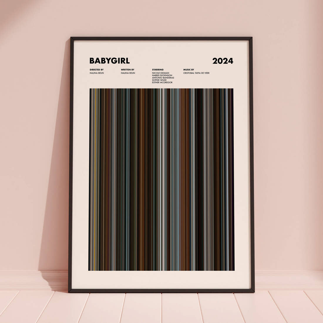 Babygirl Movie Barcode Poster framed and leaning against a coloured wall