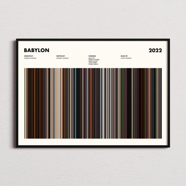 Babylon Movie Barcode Poster framed and photographed straight on