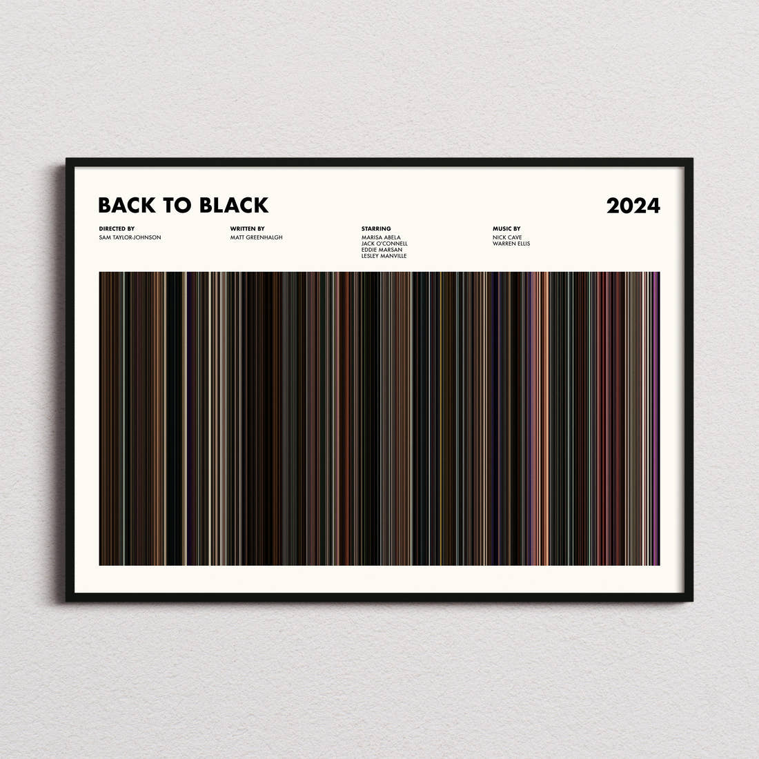 Back to Black Movie Barcode Poster framed and photographed straight on