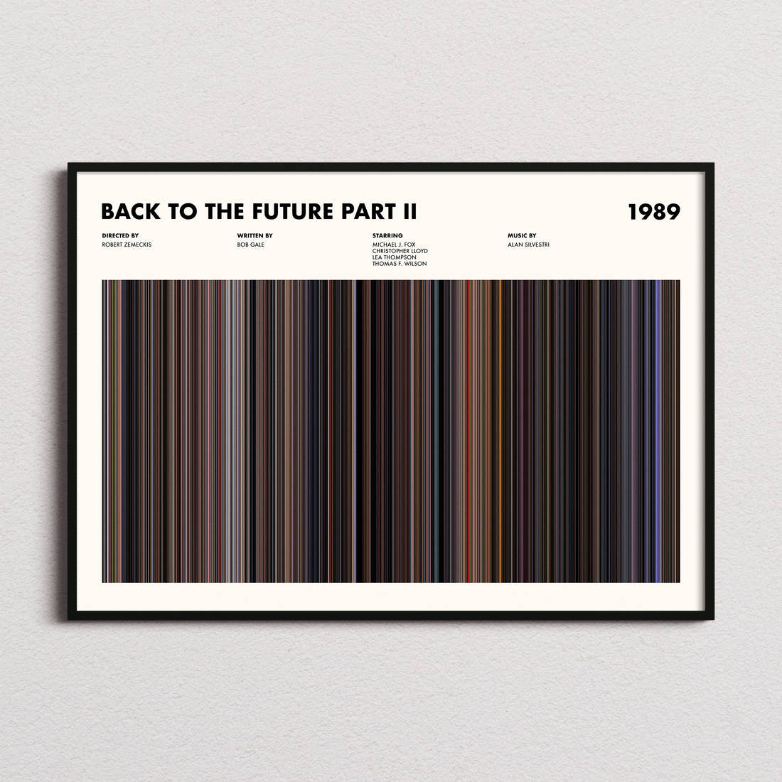 Back to the Future Part II Movie Barcode Poster framed and photographed straight on