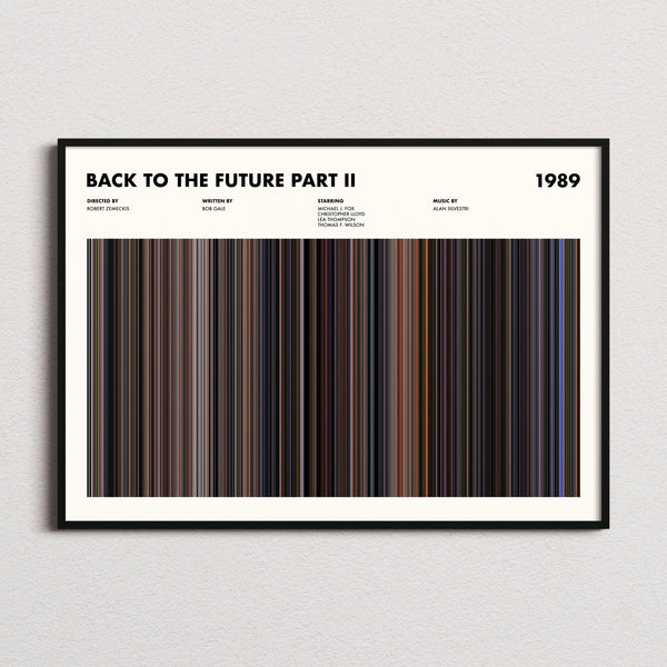 Back to the Future Part II Movie Barcode Poster framed and photographed straight on