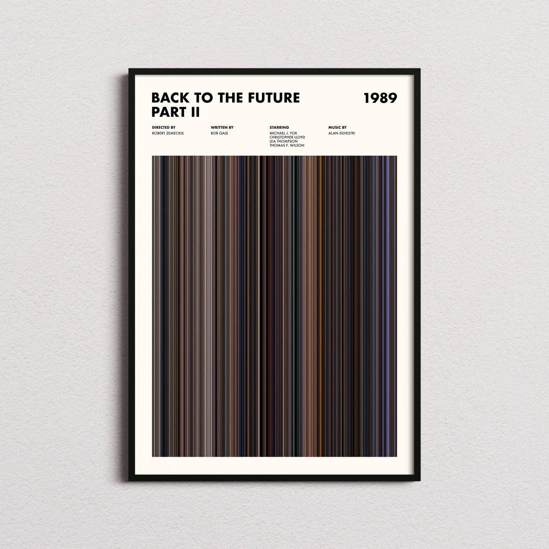 Back to the Future Part II Movie Barcode Poster framed on a plain studio wall