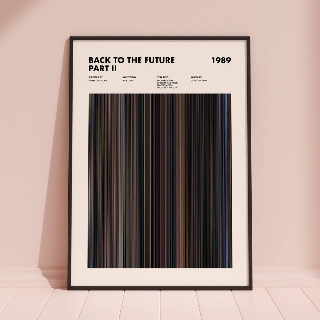 Back to the Future Part II Movie Barcode Poster framed and leaning against a coloured wall