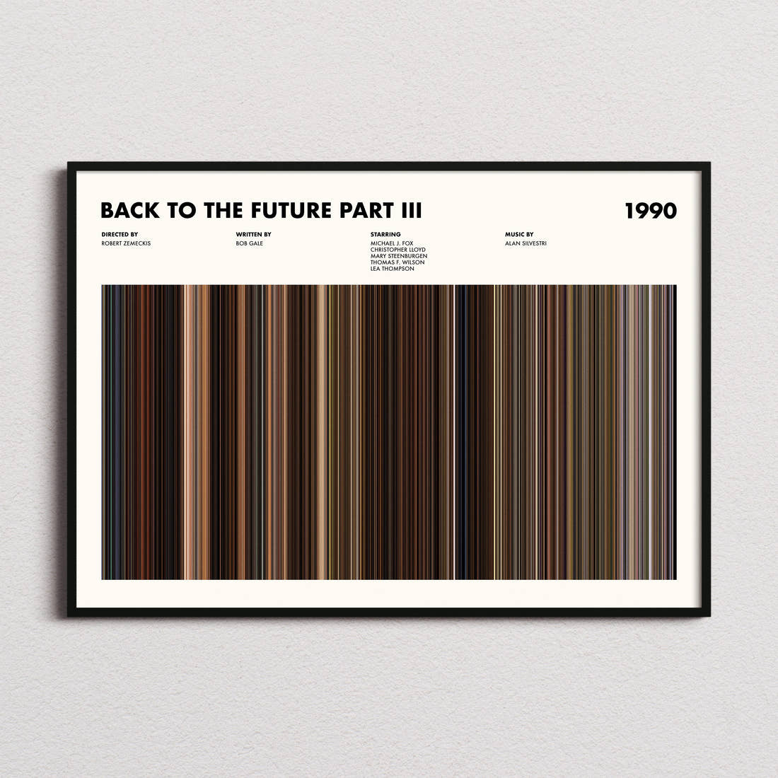 Back to the Future Part III Movie Barcode Poster framed and photographed straight on