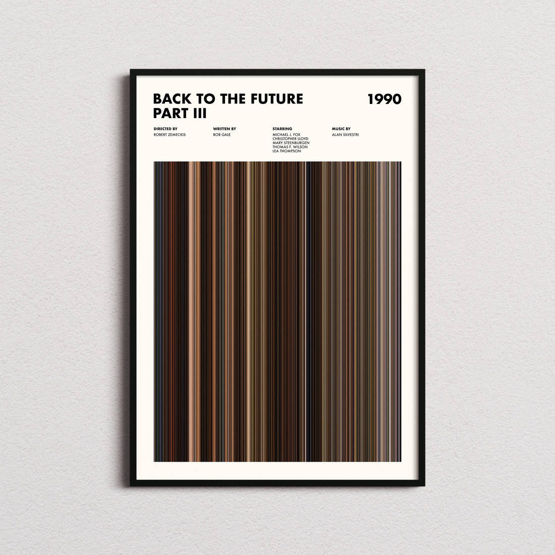 Back to the Future Part III Movie Barcode Poster framed on a plain studio wall