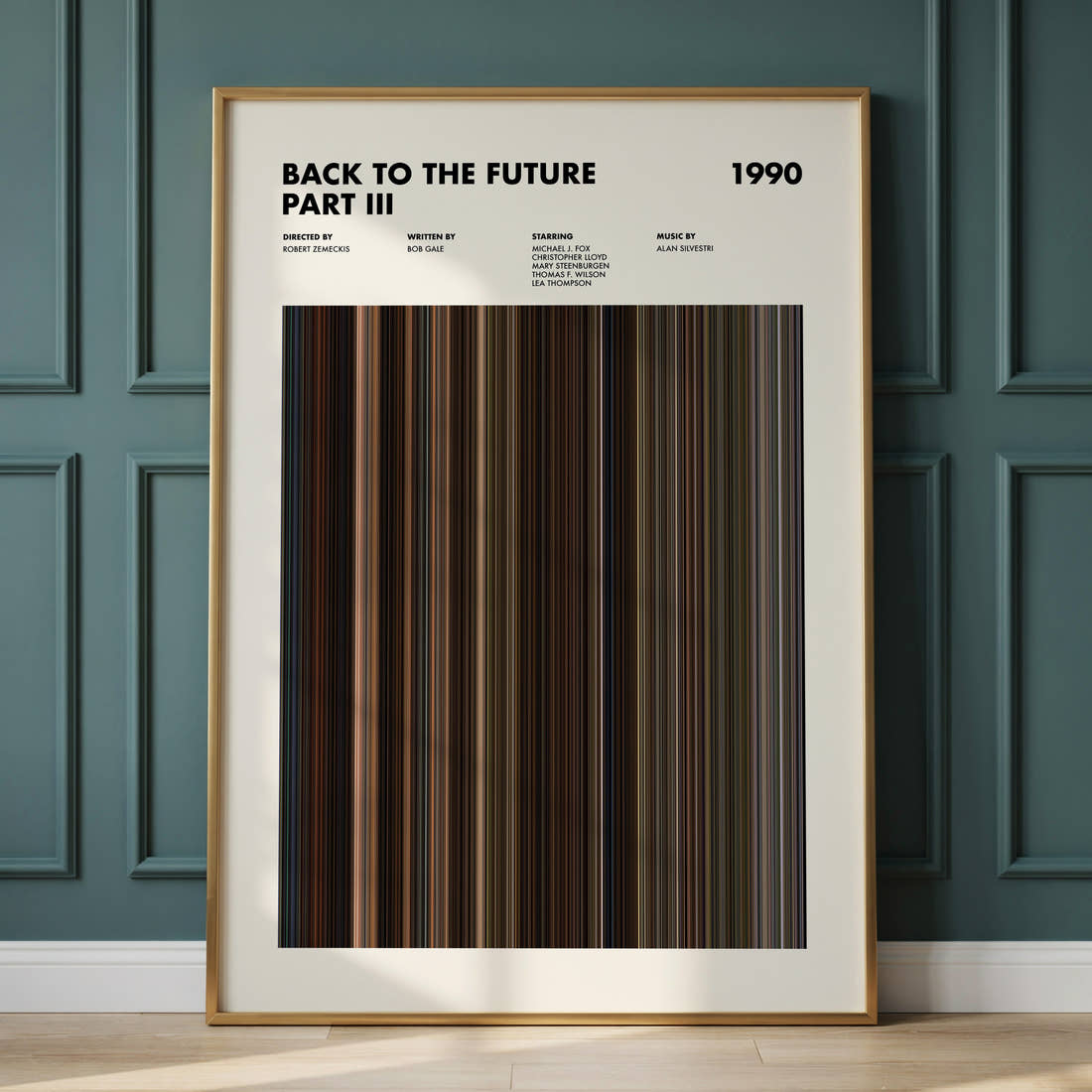 Back to the Future Part III Movie Barcode Poster framed and leaning against a panelled wall