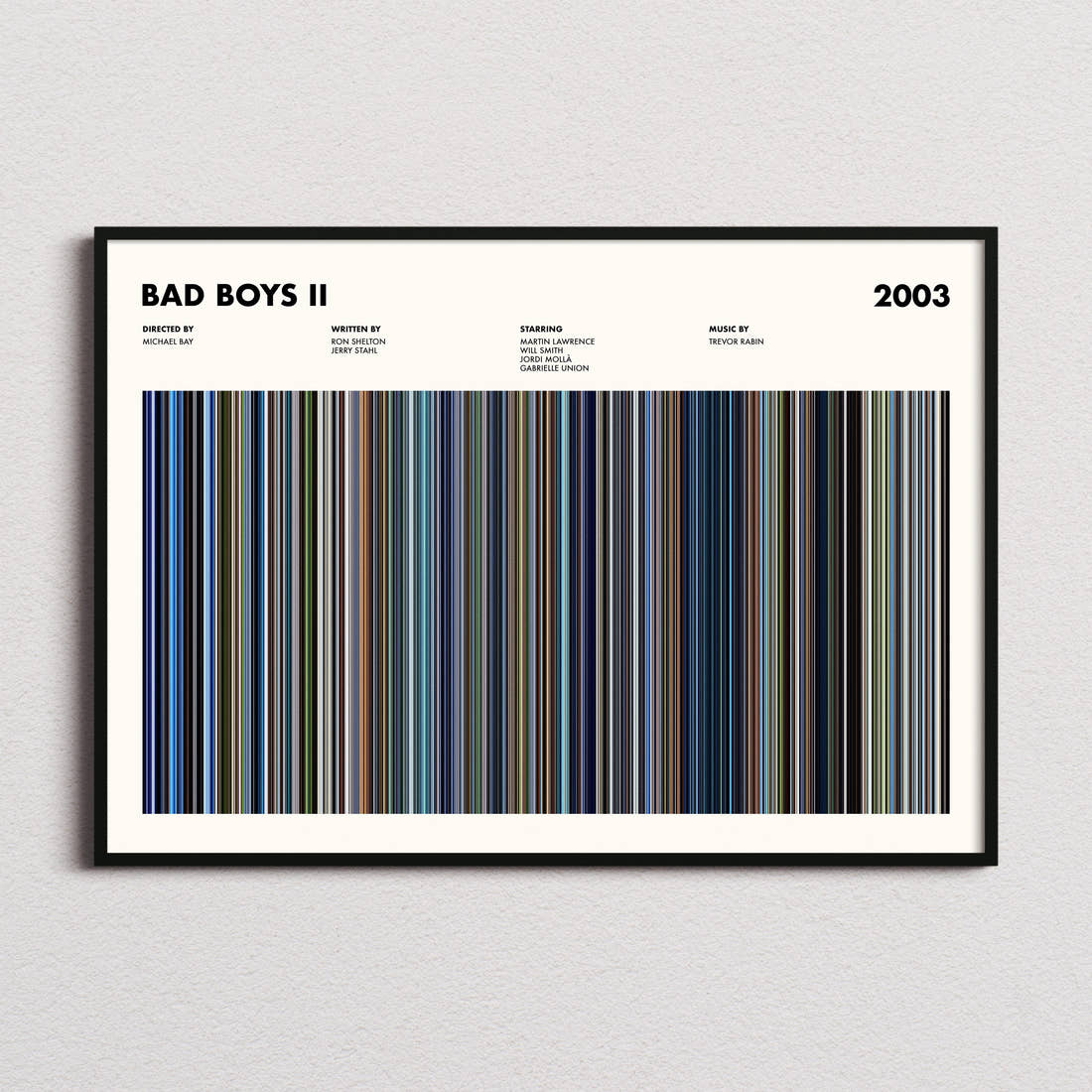 Bad Boys II Movie Barcode Poster framed and photographed straight on