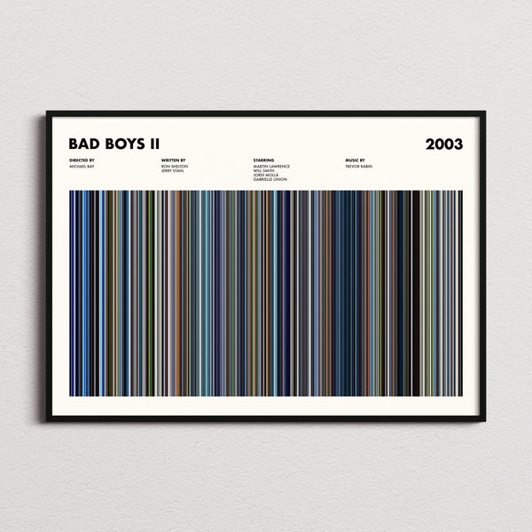 Bad Boys II Movie Barcode Poster framed and photographed straight on