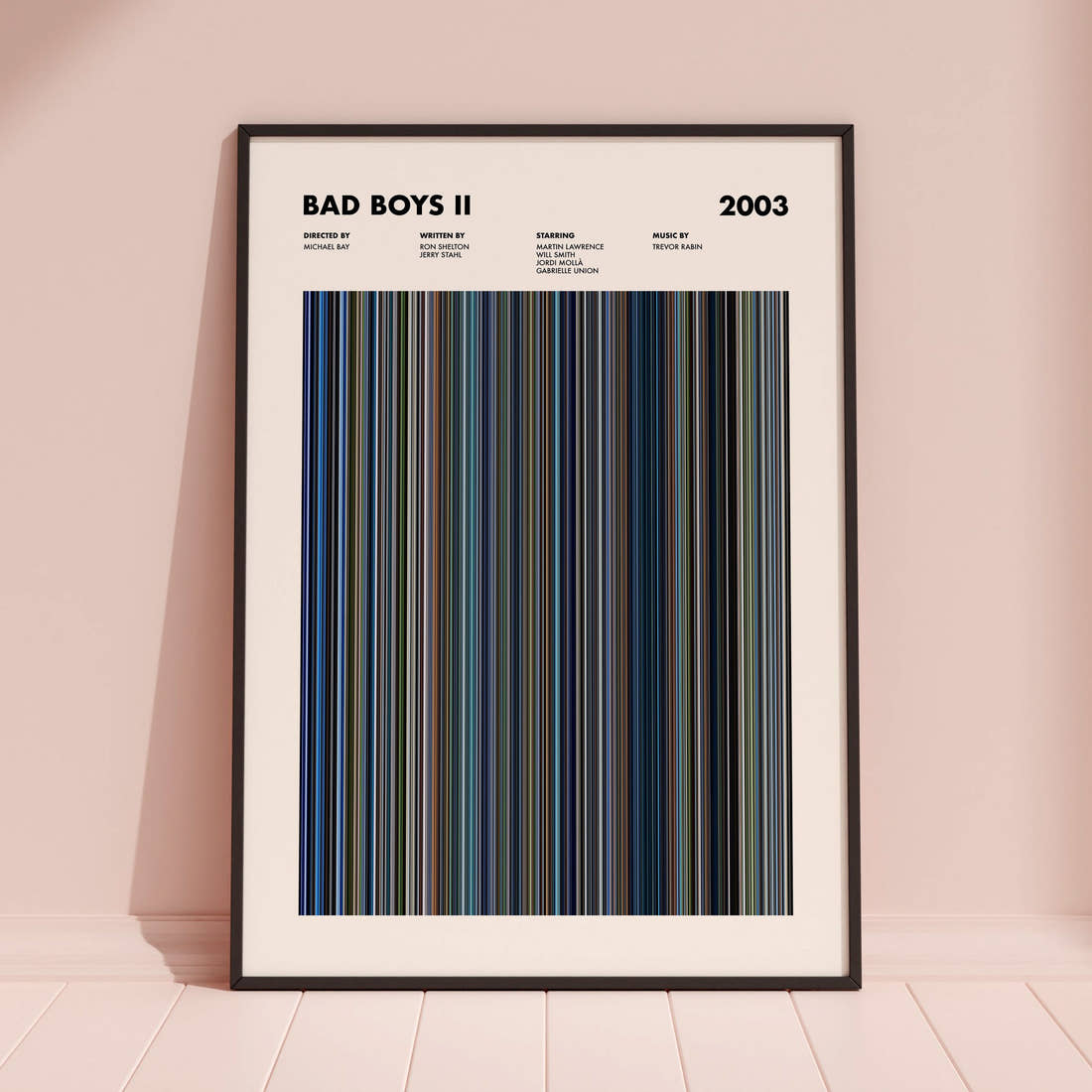 Bad Boys II Movie Barcode Poster framed and leaning against a coloured wall