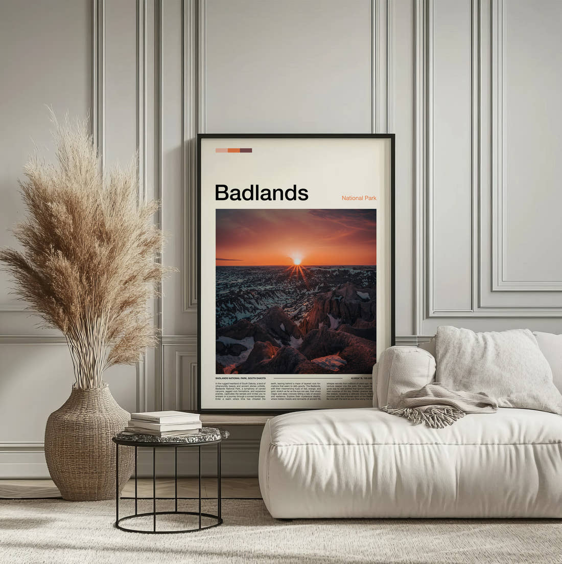 Badlands Sunburst Over The Ridges Travel Print framed on the wall of a calm, neutral bedroom