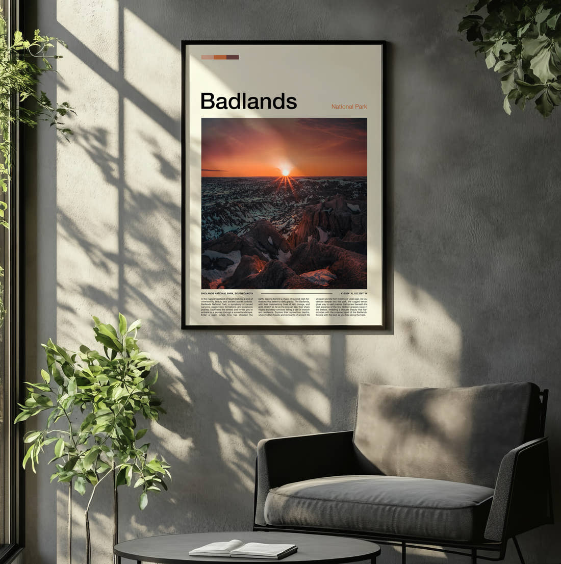 Badlands Sunburst Over The Ridges Travel Print framed on the wall of a relaxed living room