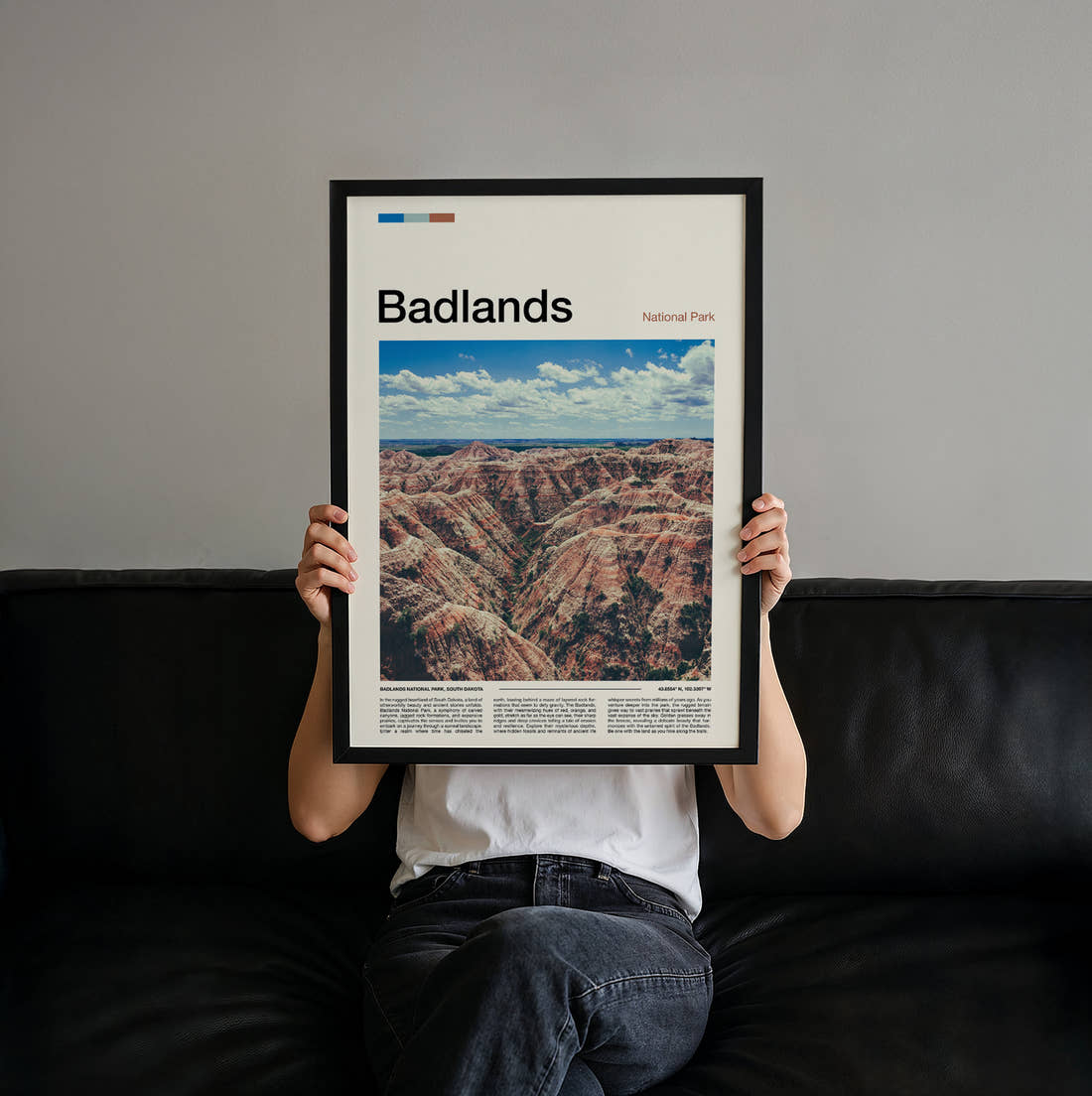 Badlands Eroded Rock Formations Travel Print held up by hand to show the size of the print