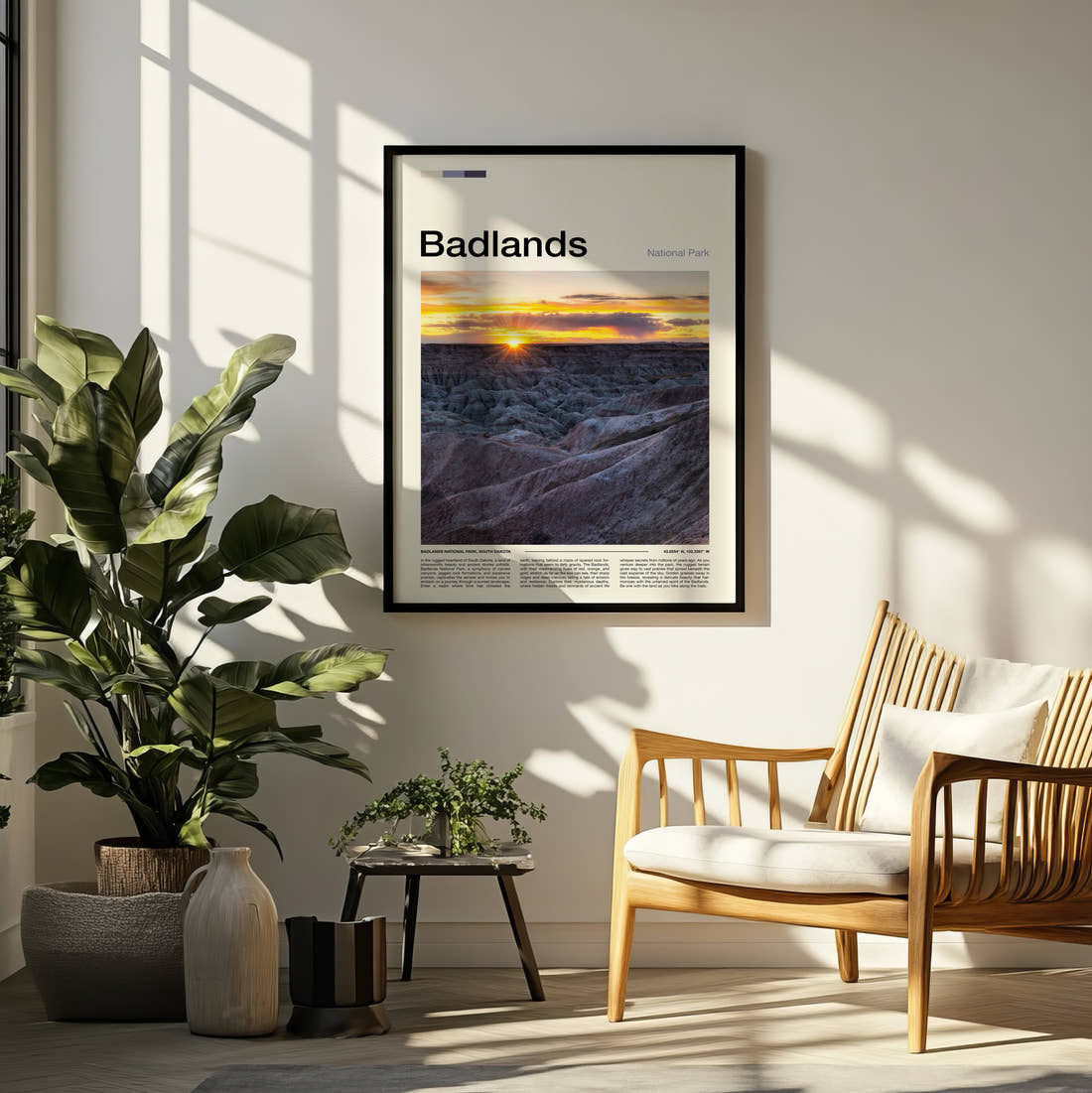 Badlands Sunset Over The Ridges Travel Print framed on a pale wall beside houseplants
