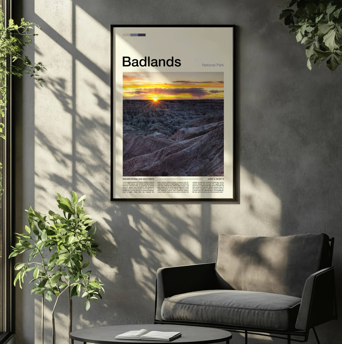 Badlands Sunset Over The Ridges Travel Print framed on the wall of a relaxed living room
