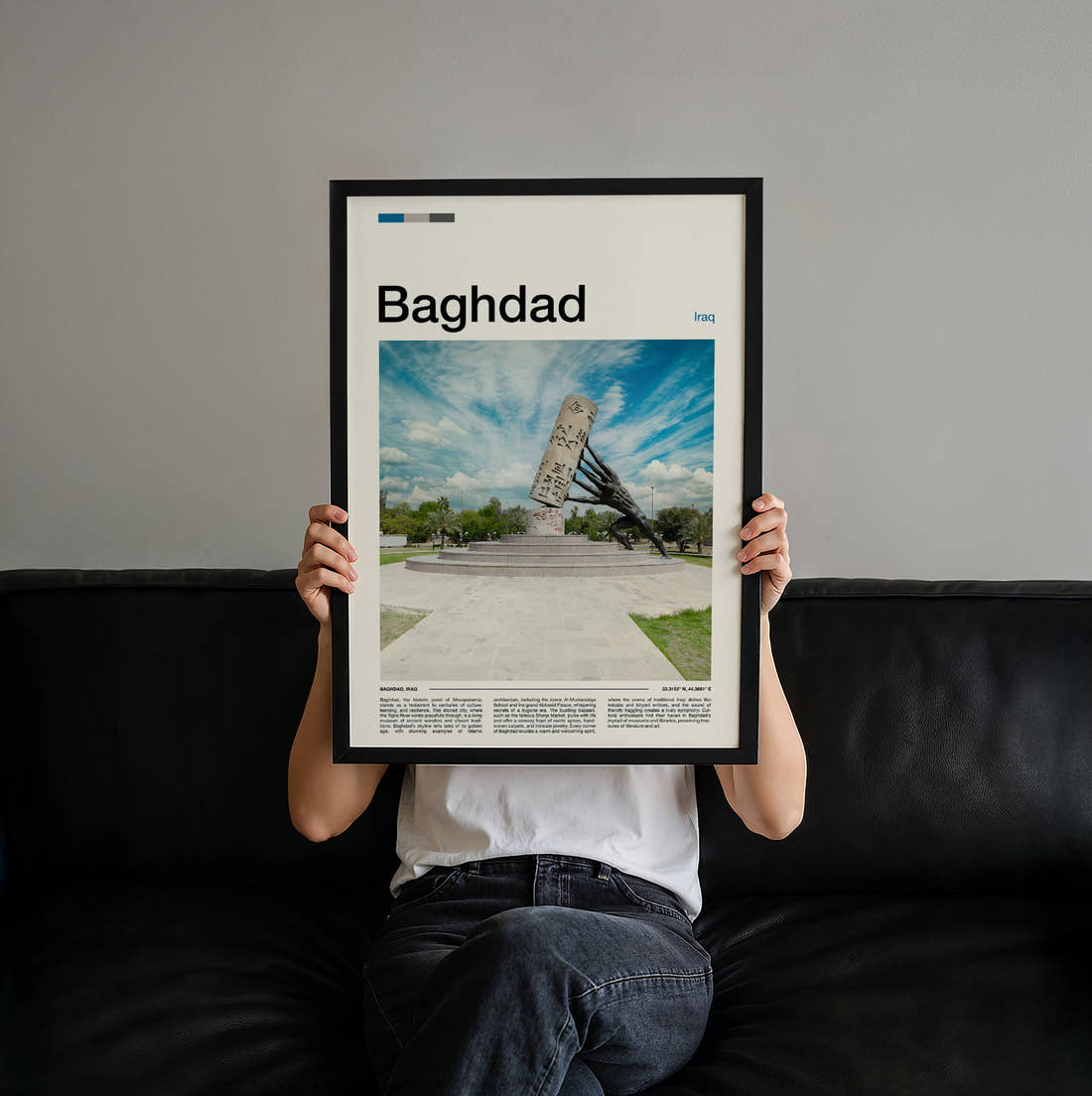 Baghdad Saving Iraqi Culture Monument Travel Print held up by hand to show the size of the print