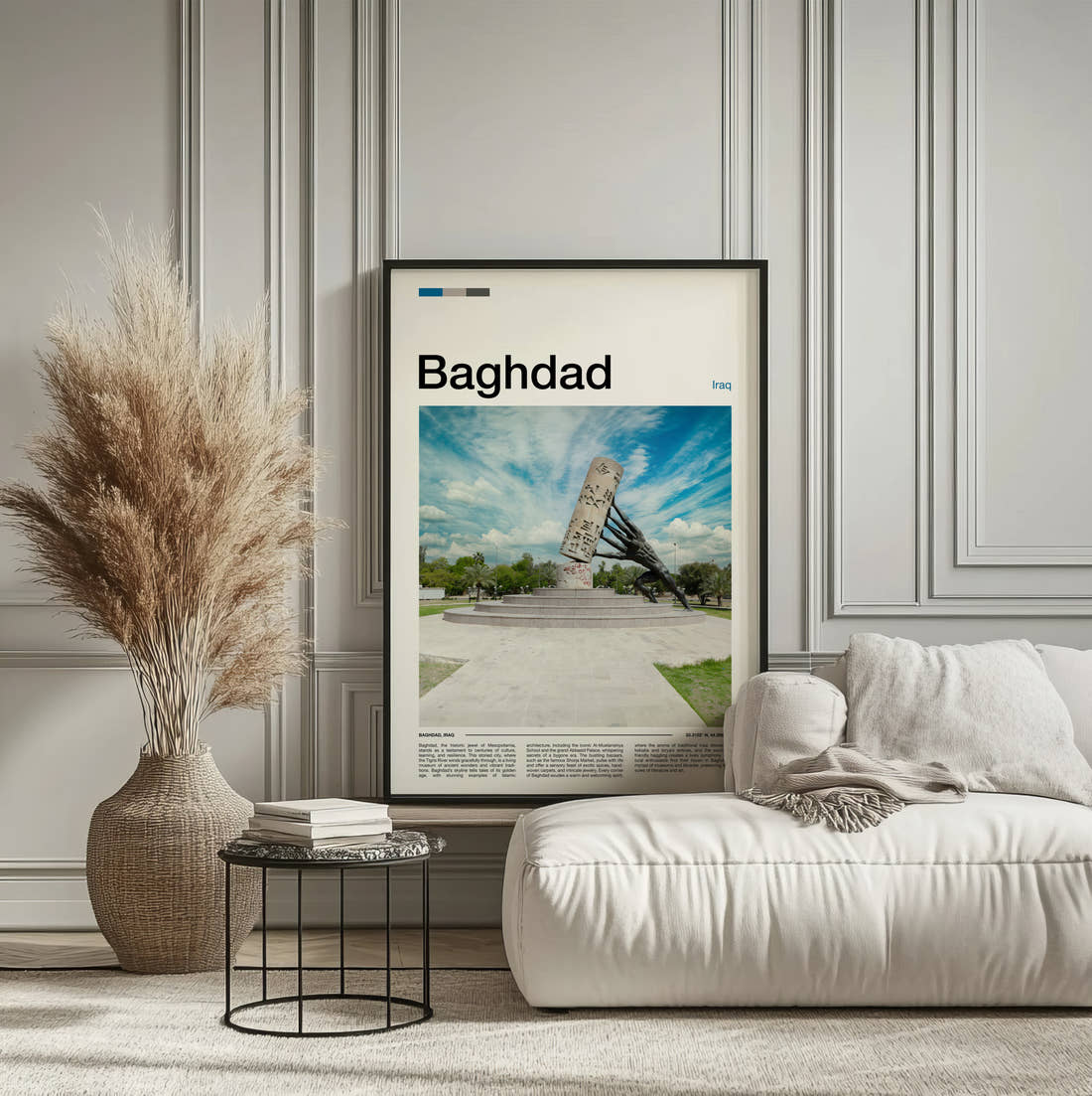 Baghdad Saving Iraqi Culture Monument Travel Print framed on the wall of a calm, neutral bedroom