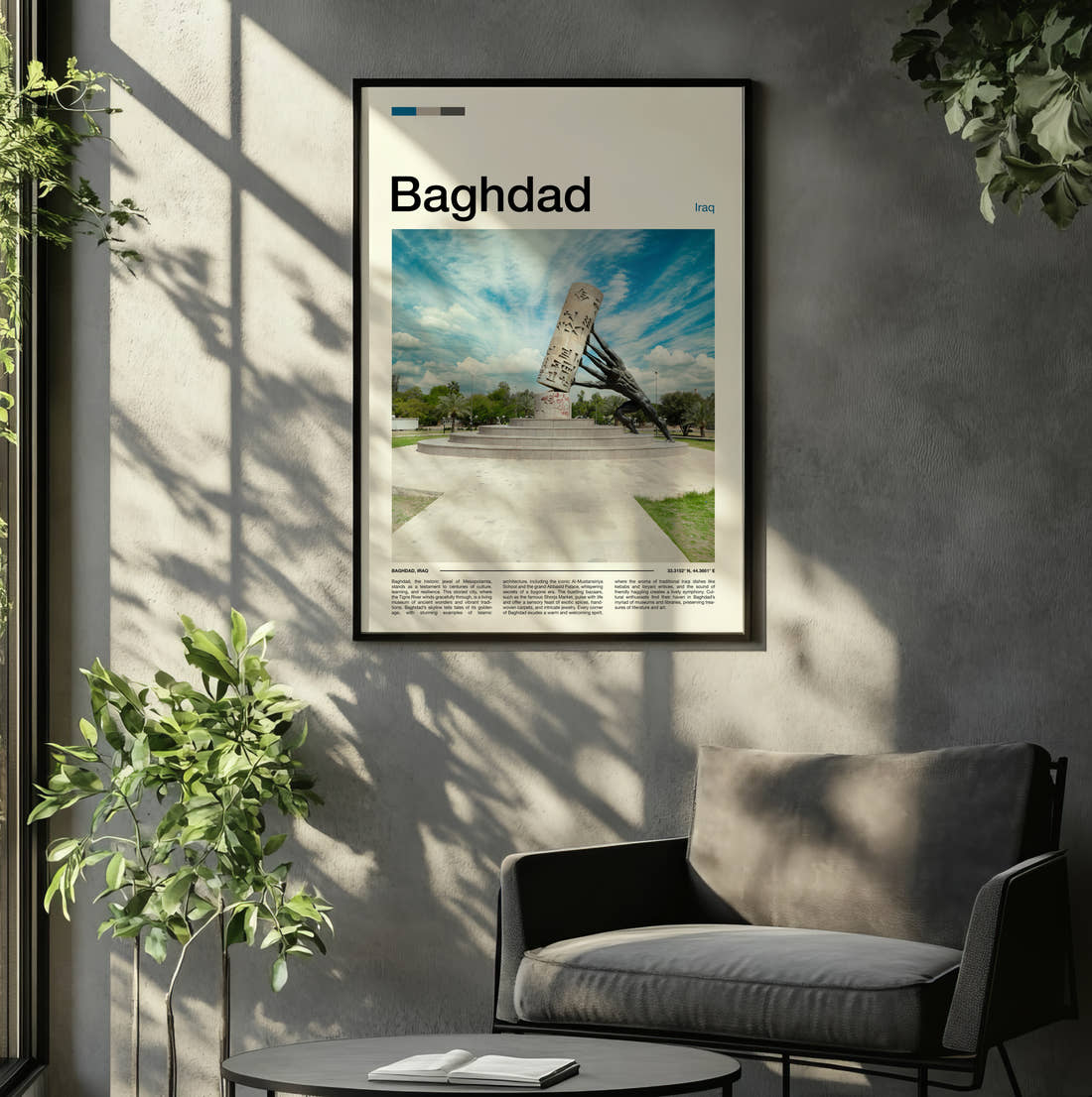 Baghdad Saving Iraqi Culture Monument Travel Print framed on the wall of a relaxed living room