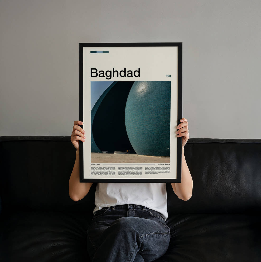 Baghdad Al-Shaheed Monument Travel Print held up by hand to show the size of the print