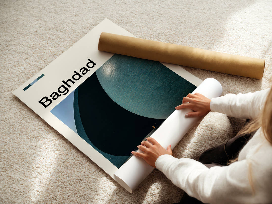 Baghdad Al-Shaheed Monument Travel Print being unrolled from its postal tube
