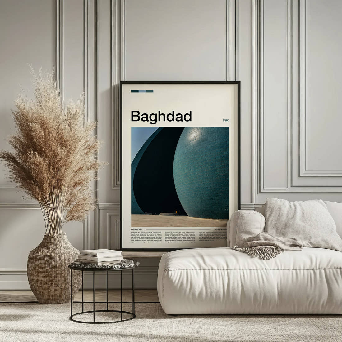 Baghdad Al-Shaheed Monument Travel Print framed on the wall of a calm, neutral bedroom