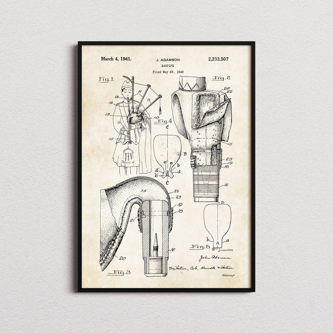 Bagpipes Patent Print in the aged paper colourway, framed