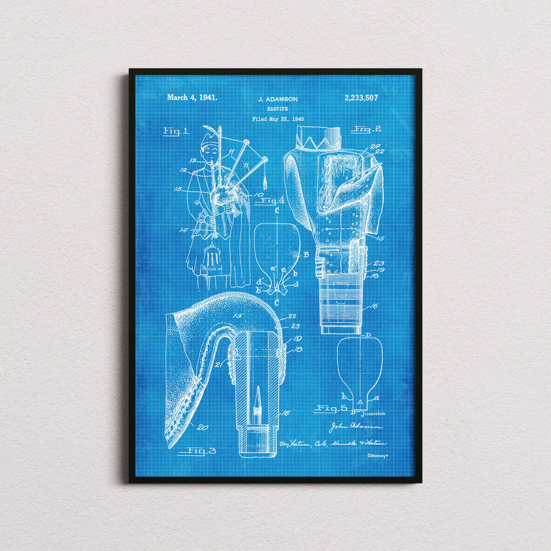 Bagpipes Patent Print in the blueprint colourway, framed