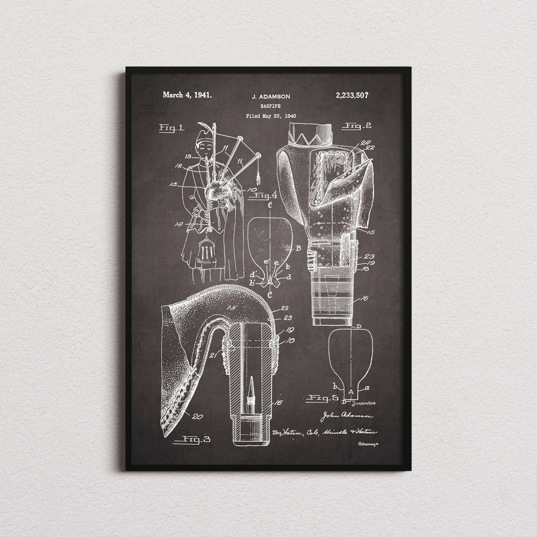 Bagpipes Patent Print in the blackboard colourway, framed