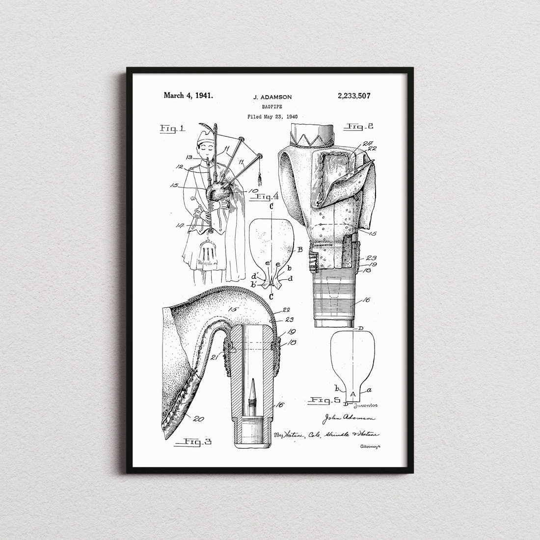 Bagpipes Patent Print in the white colourway, framed