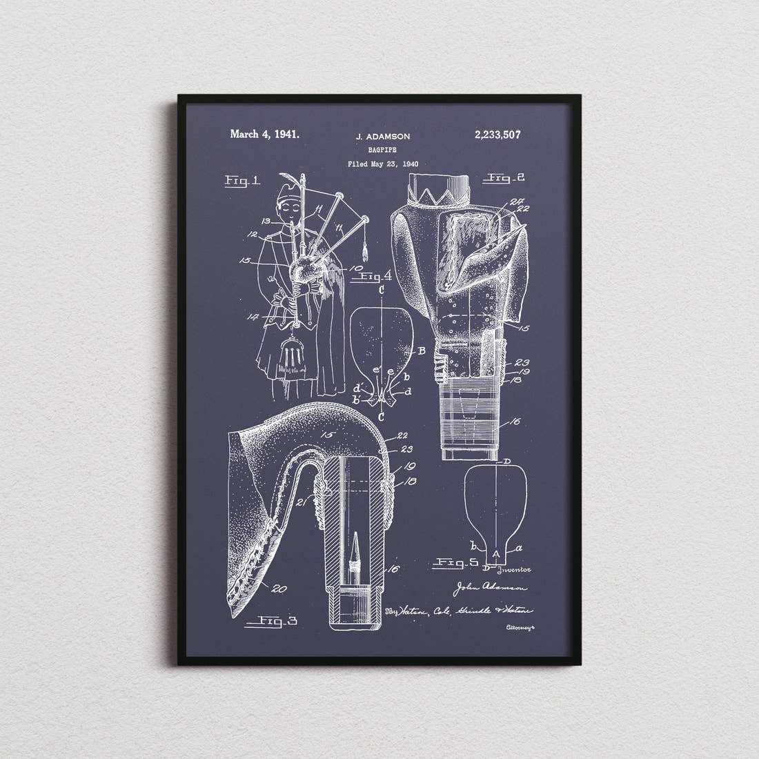 Bagpipes Patent Print in the navy colourway, framed