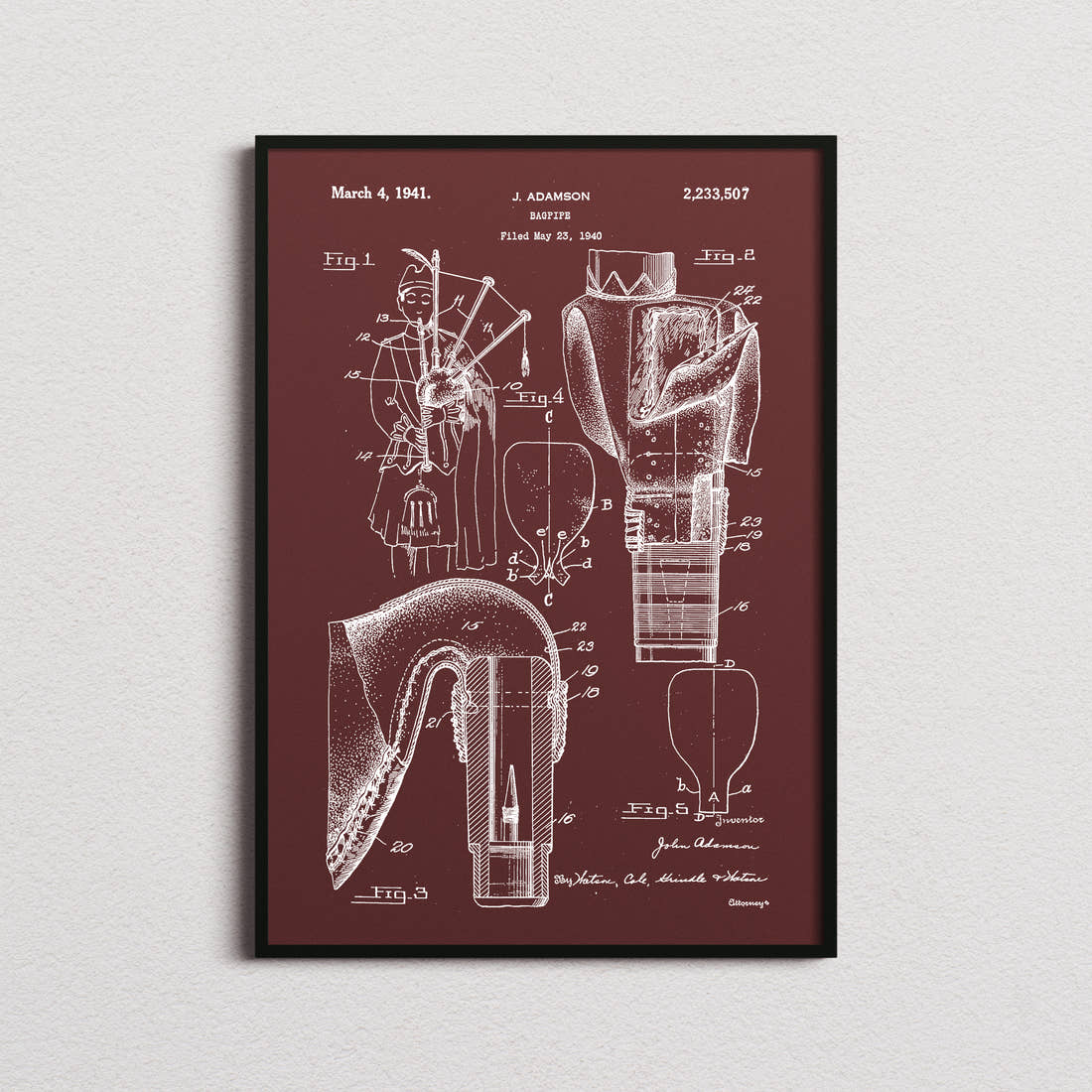 Bagpipes Patent Print in the burgundy colourway, framed