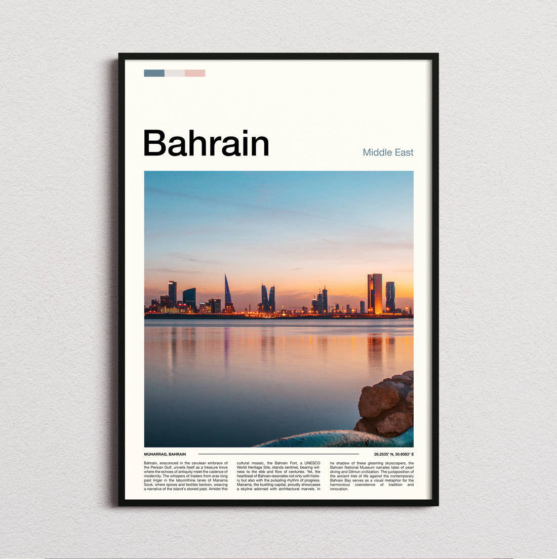 Bahrain Skyline At Dusk Travel Print framed and photographed straight on