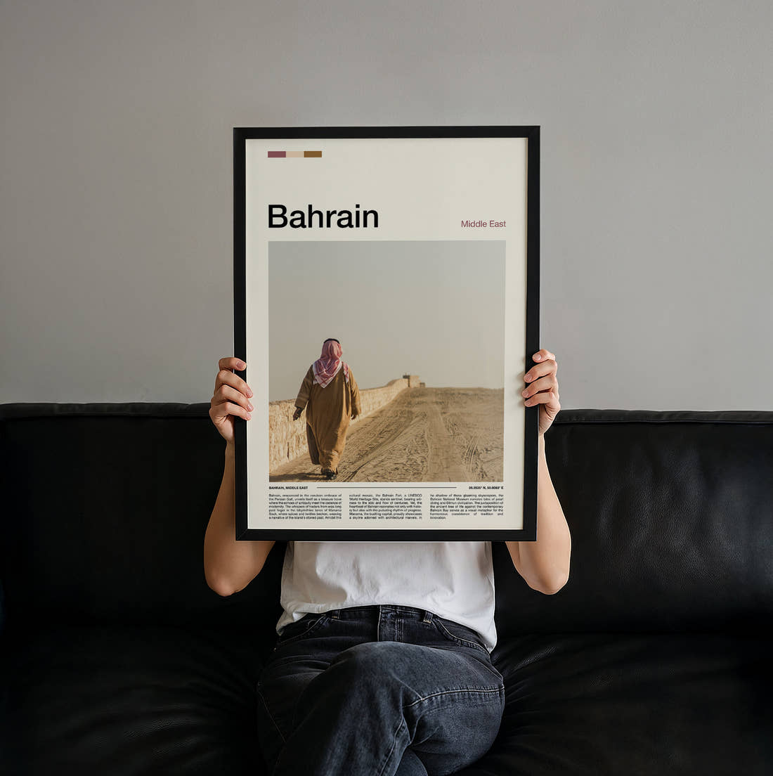 Bahrain Man In Traditional Dress Travel Print held up by hand to show the size of the print