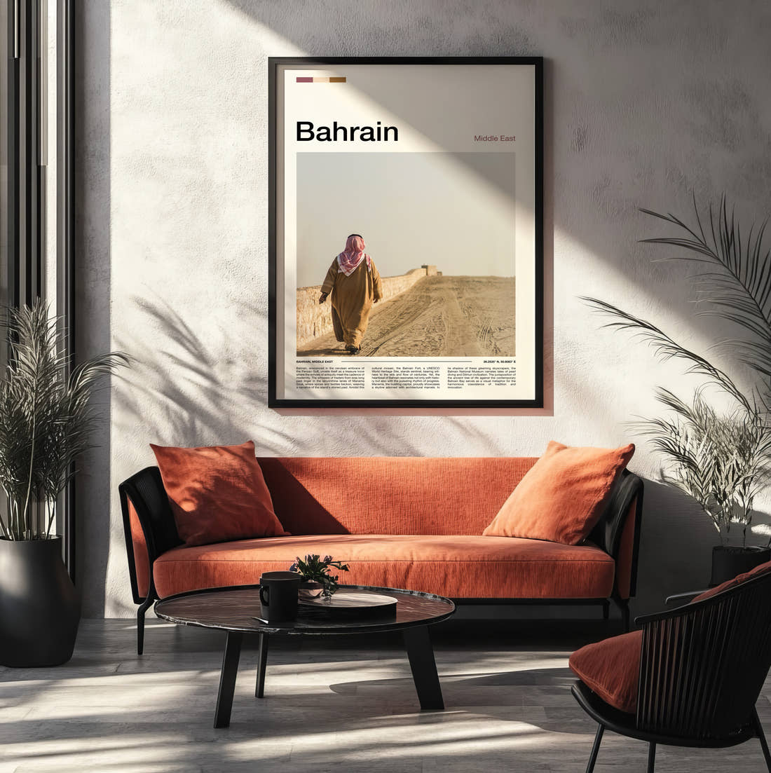 Bahrain Man In Traditional Dress Travel Print framed on the wall of a modern living room