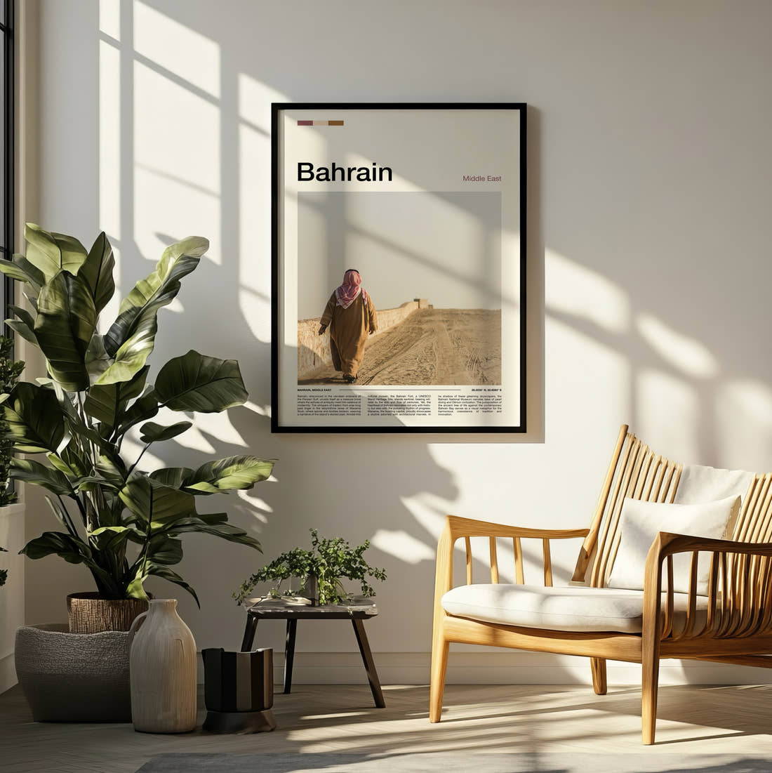 Bahrain Man In Traditional Dress Travel Print framed on a pale wall beside houseplants