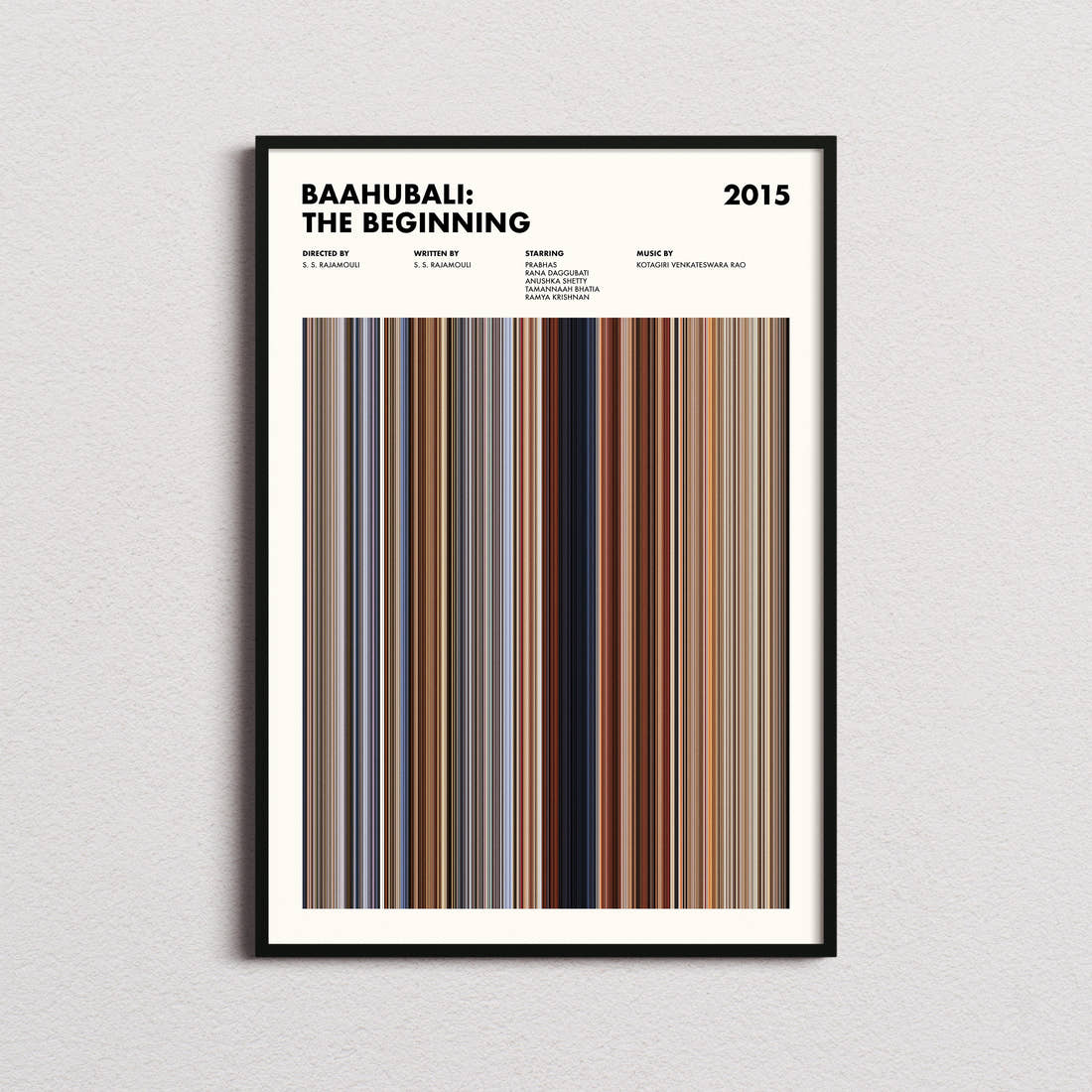 Baahubali: The Beginning Movie Barcode Poster framed on a plain studio wall