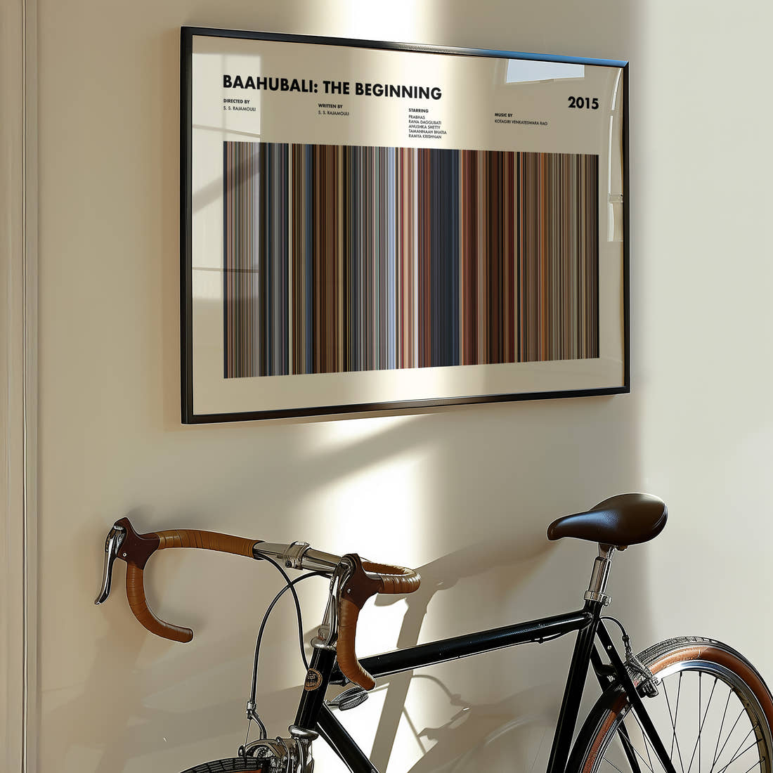 Baahubali: The Beginning Movie Barcode Poster framed on the wall of a styled room setting
