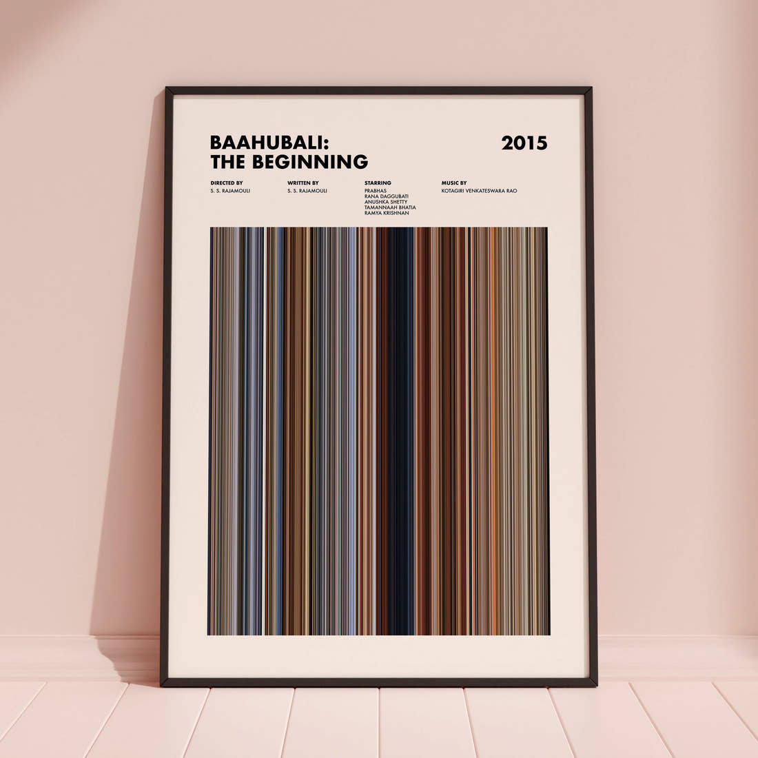 Baahubali: The Beginning Movie Barcode Poster framed and leaning against a coloured wall