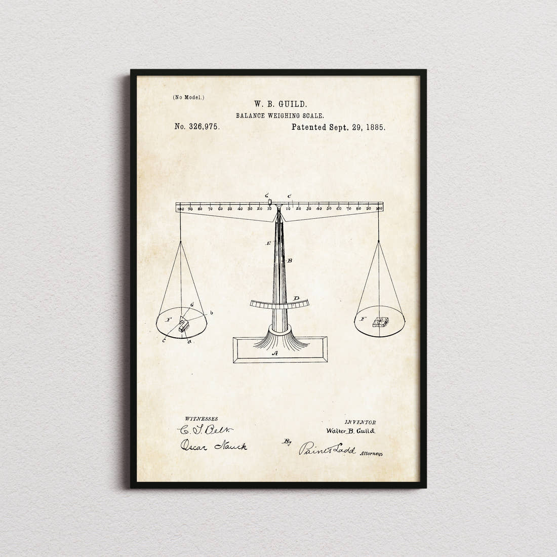 Balance Weighing Scale Patent Print in the aged paper colourway, framed