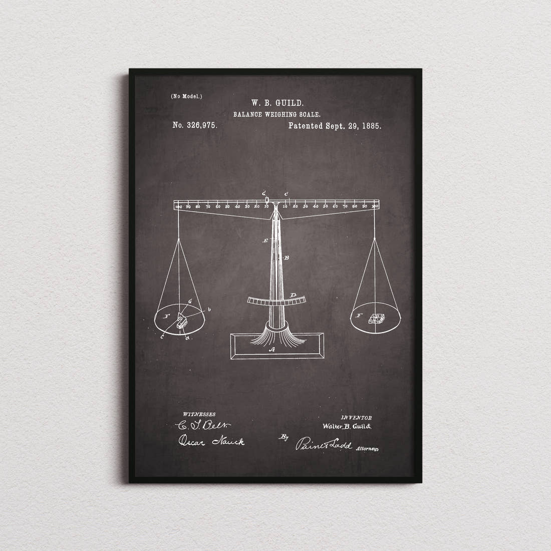Balance Weighing Scale Patent Print in the blackboard colourway, framed