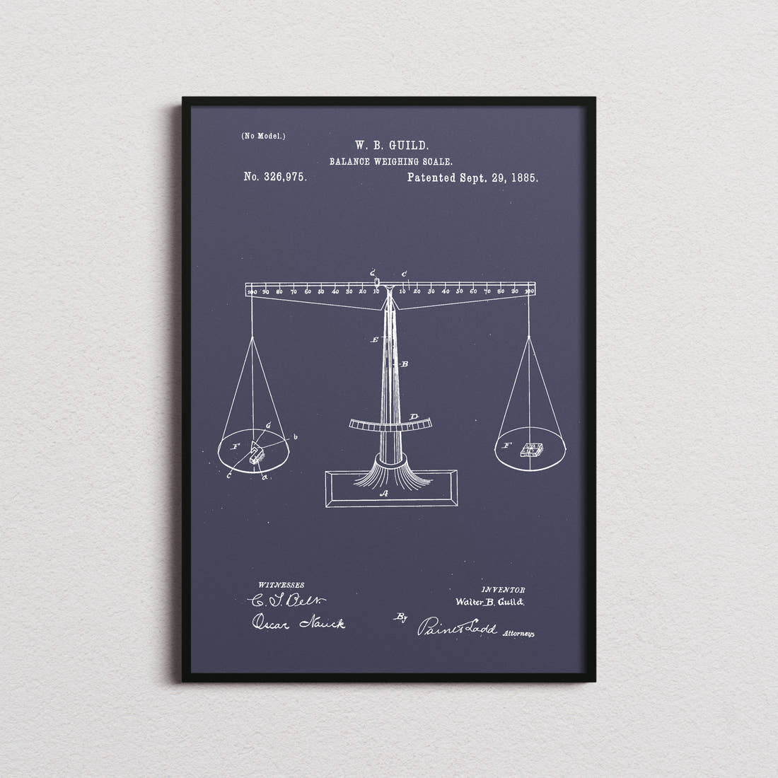 Balance Weighing Scale Patent Print in the navy colourway, framed