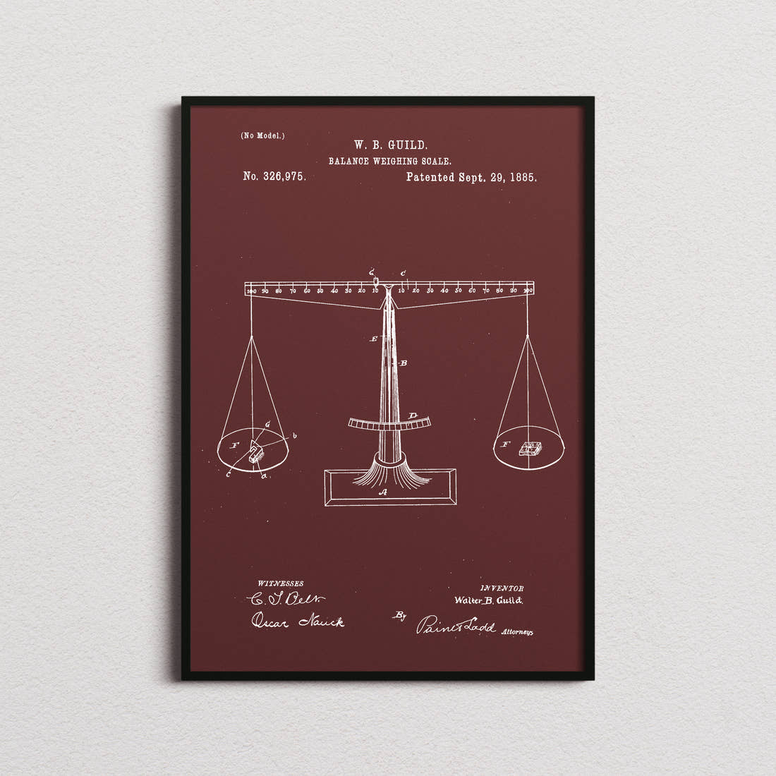 Balance Weighing Scale Patent Print in the burgundy colourway, framed