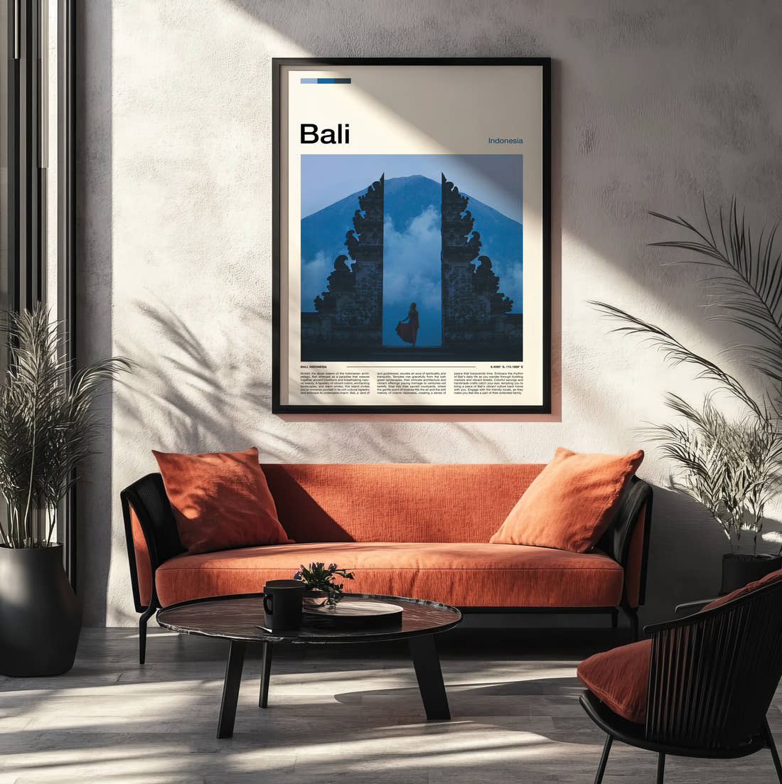 Bali Gates Of Heaven Travel Print framed on the wall of a modern living room