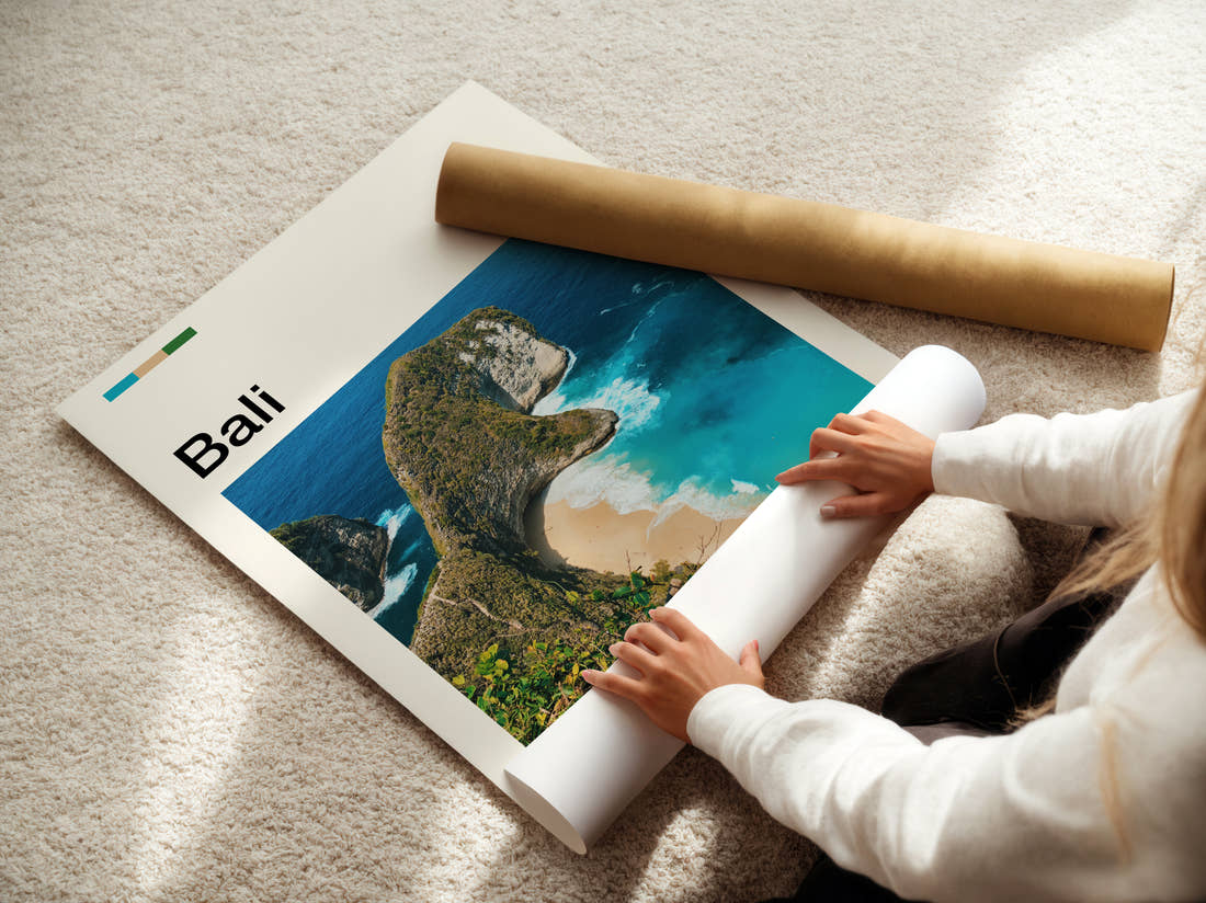 Bali Kelingking Beach Travel Print being unrolled from its postal tube